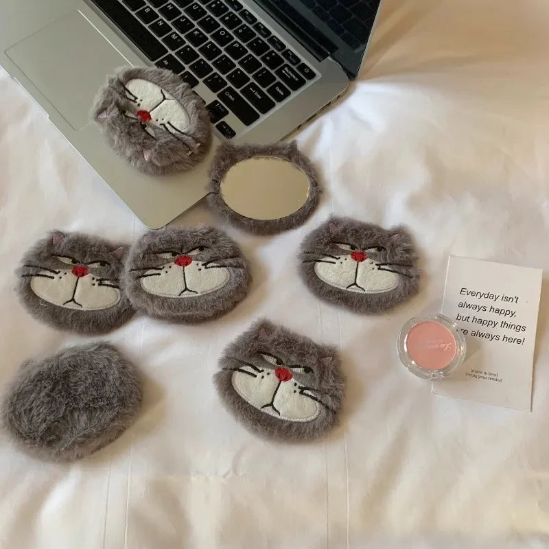 Lucifer Cat Boy and Girl Cartoon Cute Fun Creative Mini Portable Flip Double-Sided Foldable Plush Makeup Mirror for Students