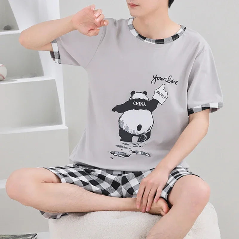 Summer 4XL Knitted Cotton Short Sleeved Men's Pajamas Sets Male Pajama Set Plaid Pajama For Men Sleepwear Suit Homewear mon