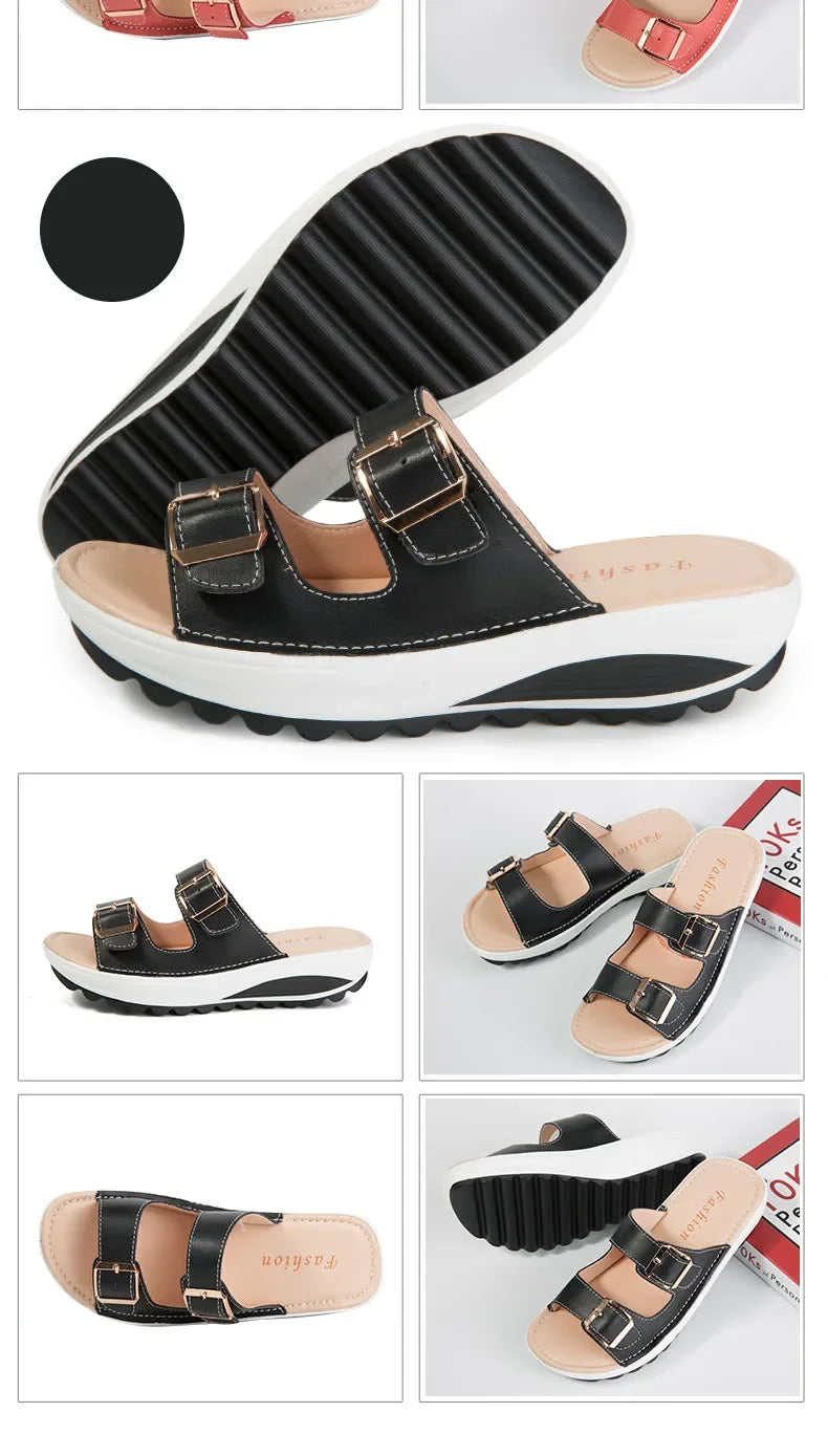 Summer Women Wedge Sandals Belt Buckle Open Toe Vintage Anti-slip Casual Female Slippers Platform Shoes Ladies Loafers