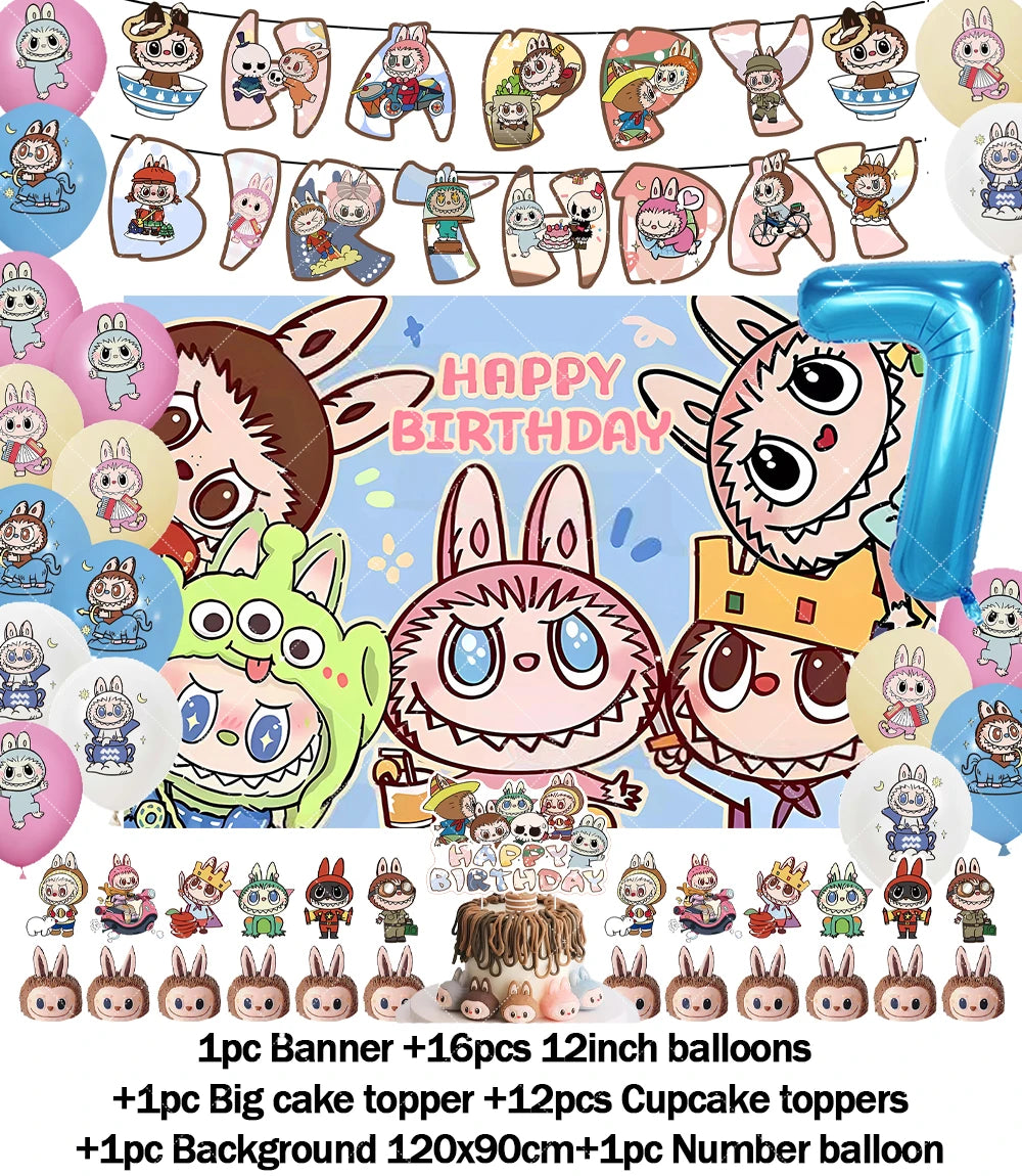 Cartoon LABUBU Theme Kids Birthday Party Banner Background Cake Topper Number Balloon Decoration Props Baby Party Supply Gifts