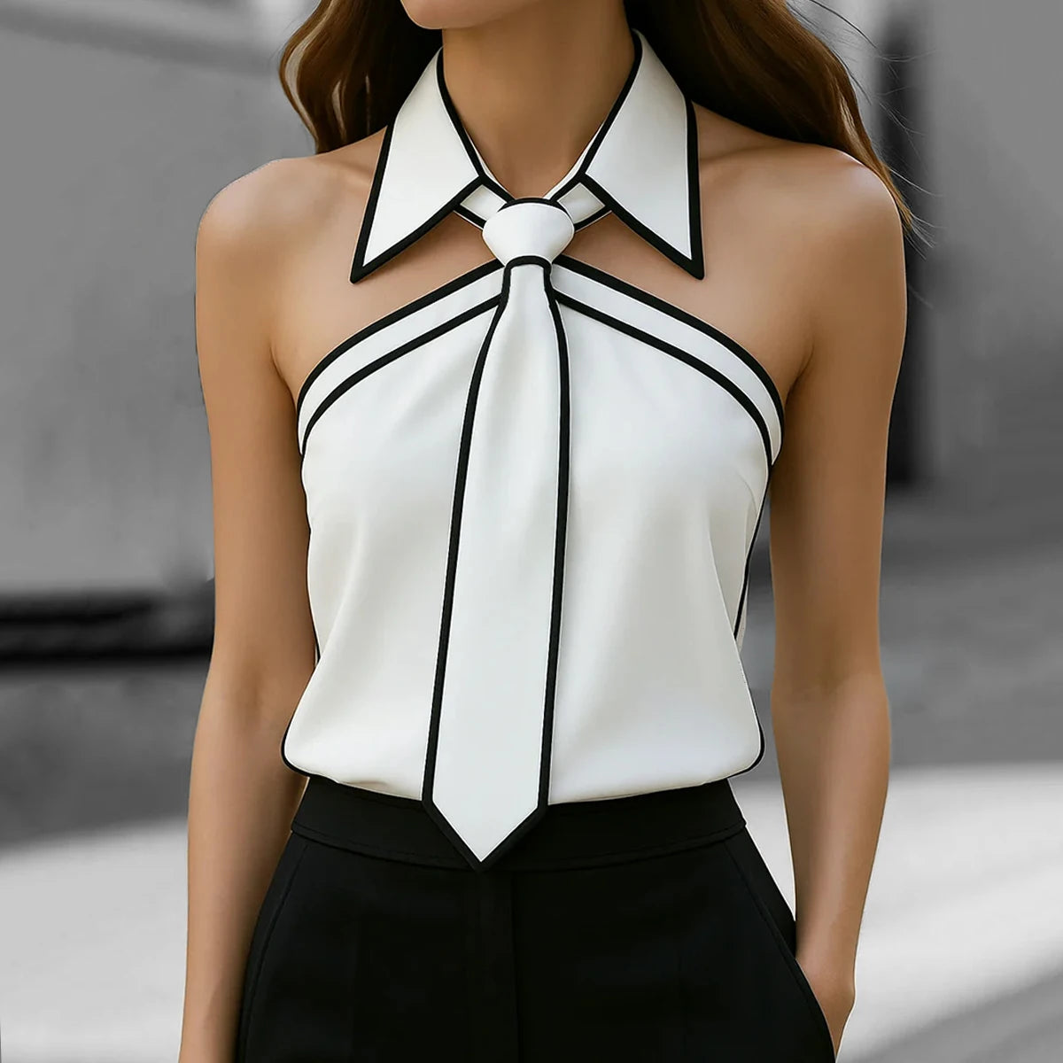 Women Shirt Tie Neck Strap Necktie Lapel Design Loose Long Sleeve Blouses Blusas Mujer Moda Contrast Binding Shirt