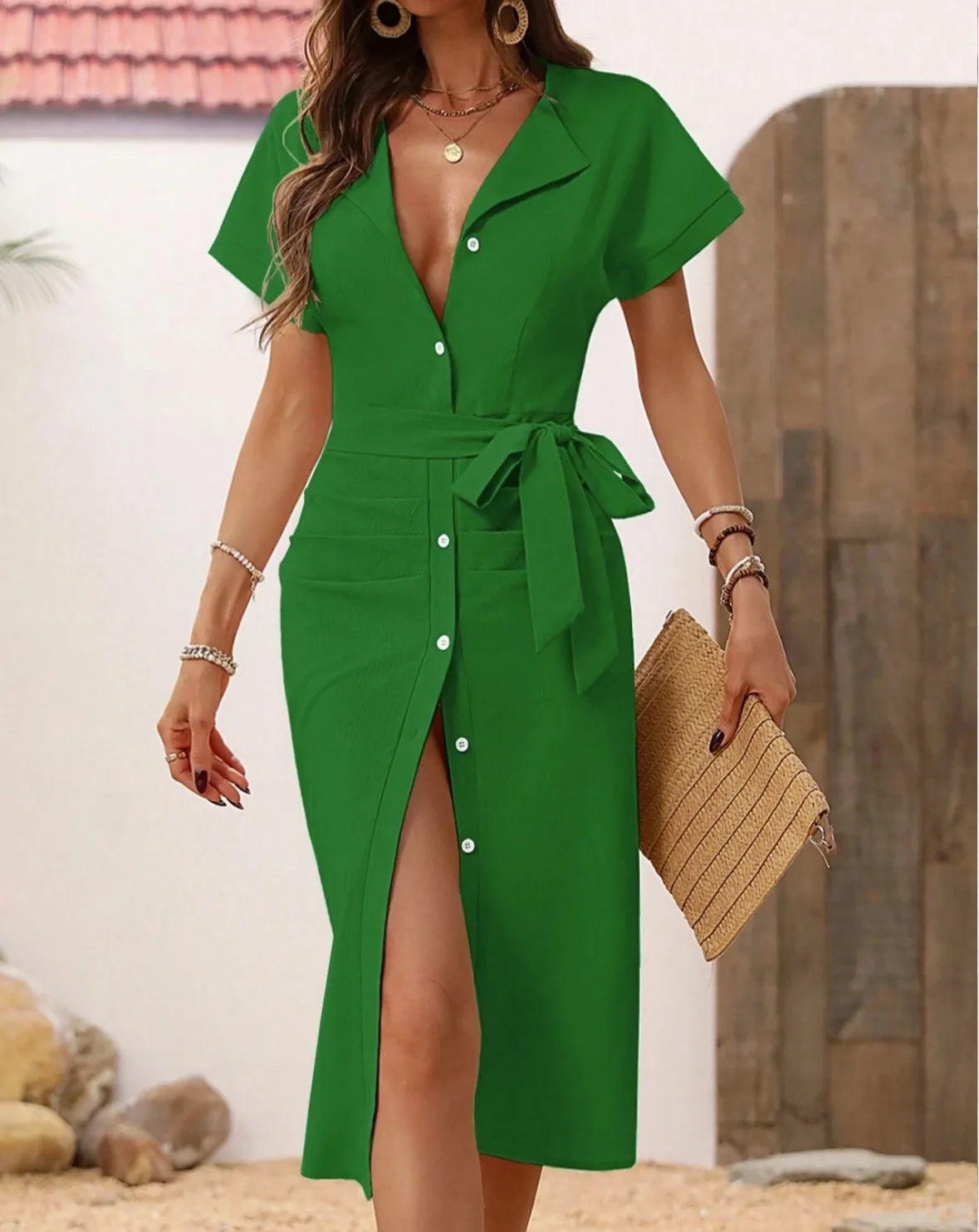 Women's Casual V Neck Short Sleeved Single-breasted Lace-up MIDI Dress Summer Solid Color Stylish Elegant Female Shirt Dresses