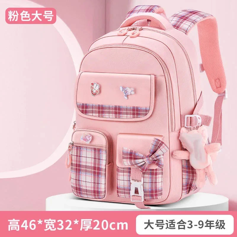 New Spine Protection Primary School Students Girls Checkered Backpack with Large Capacity Lightweight Waterproof Children's Bag