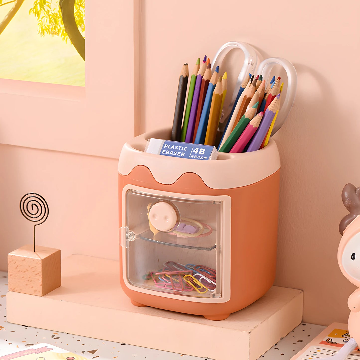 Pen Holder Pencil Organizer with Drawer, Cosmetic Makeup Brushes Holder for Dressing Table, Pig Nose Cute Pen Holder Office