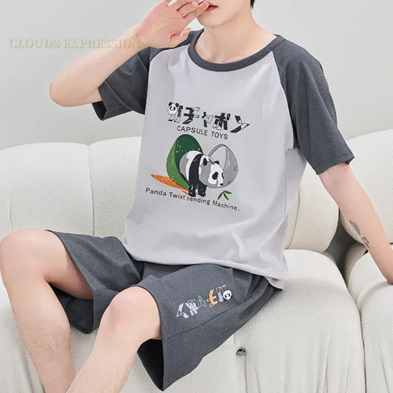 Summer 4XL Knitted Cotton Short Sleeved Men's Pajamas Sets Male Pajama Set Plaid Pajama For Men Sleepwear Suit Homewear mon