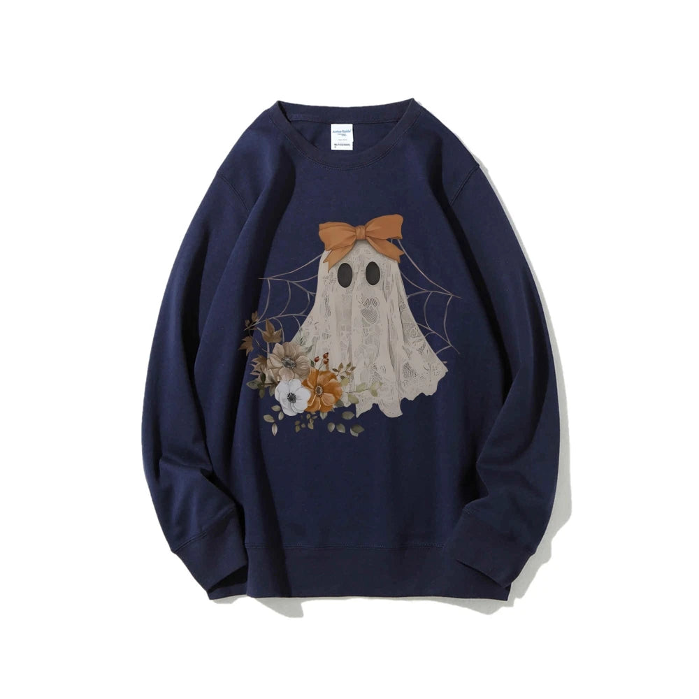Loose Crew Neck Hoodie Cotton High Quality Soft Comfortable Halloween Cute Ghost Graphic Print Fashion Trend New Sweatshirt