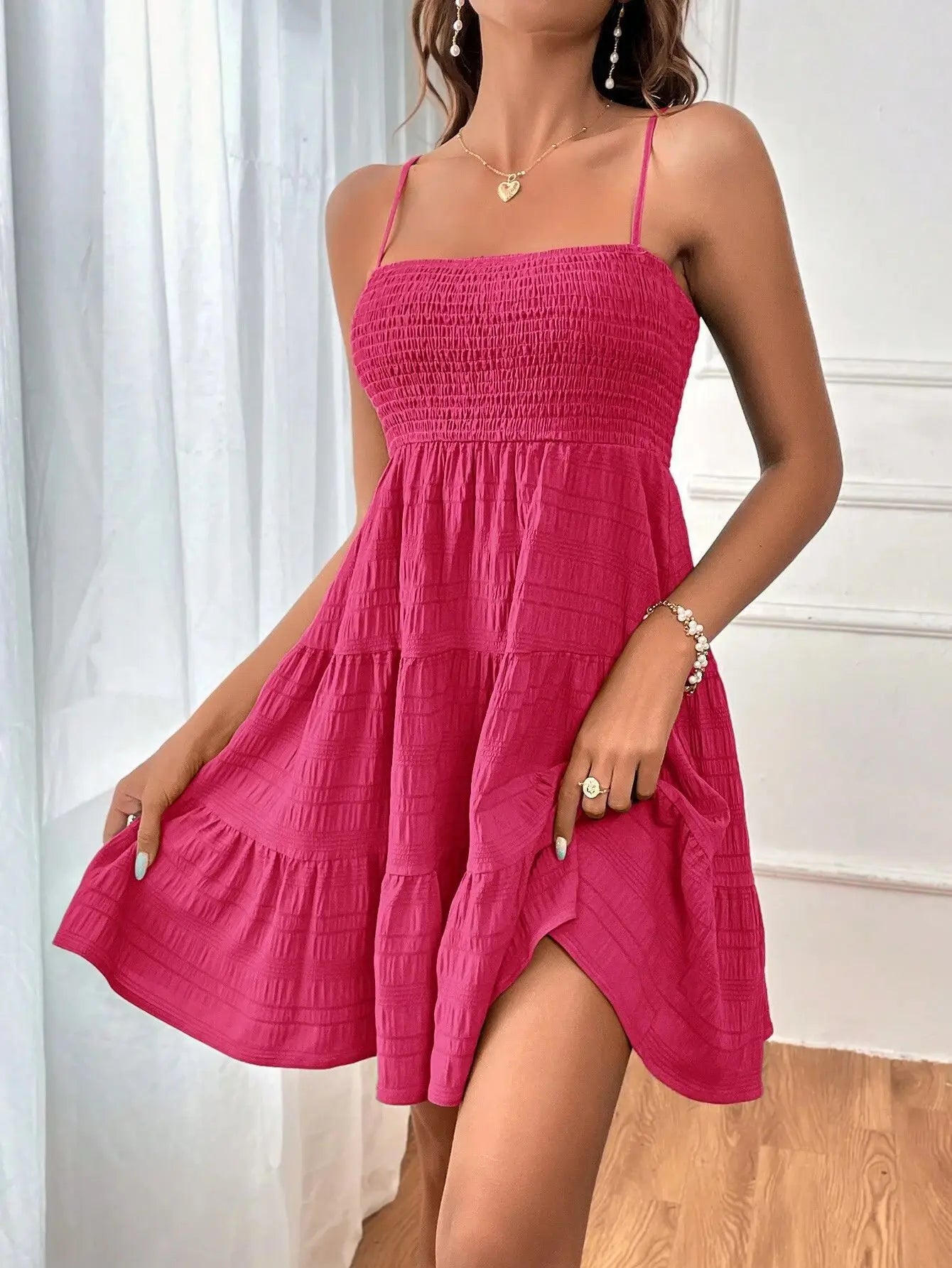 Bohemian Beach Sundress Women Sleeveless Backless Big Swing Mini Dress Solid Spaghetti Strap Ruffles Dresses