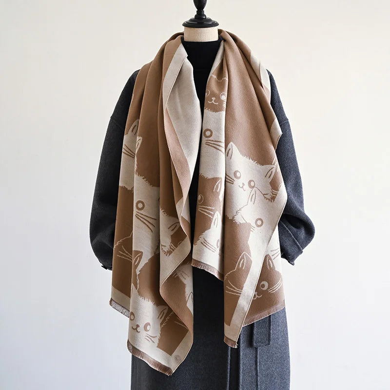 New Fashion Cute Cat Ladies' Jacquard Pashmina Cashmere Scarf Winter Thick Warmth Shawl Coldproof Windproof Blanket Scarf