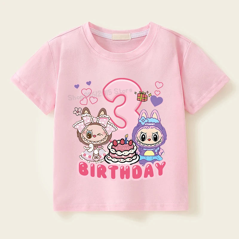 Labubu Birthday T Shirt Girl Short Sleeve Number Tees Cartoon Print Baby Cotton Tops Cute Toddler T-shirts Summer Kids Clothes