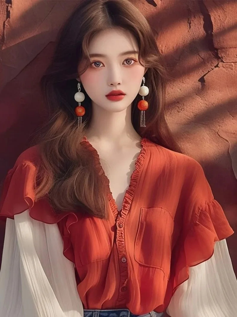 Chiffon Vintage Women's Shirts Spring/summer New Patchwork Women Shirts Loose Long Sleeves Tops Fashion Korean Clothing Sales