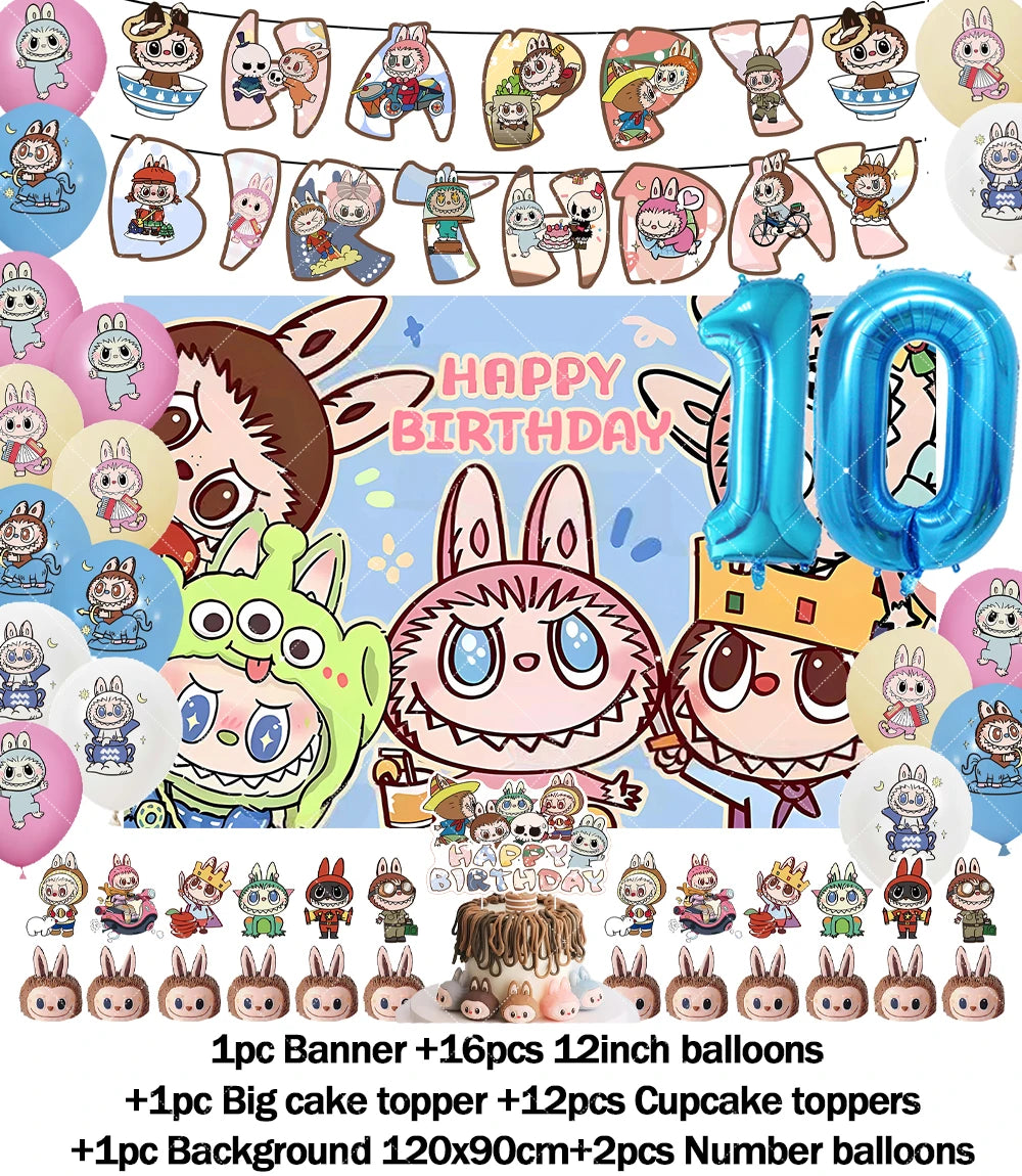 Cartoon LABUBU Theme Kids Birthday Party Banner Background Cake Topper Number Balloon Decoration Props Baby Party Supply Gifts