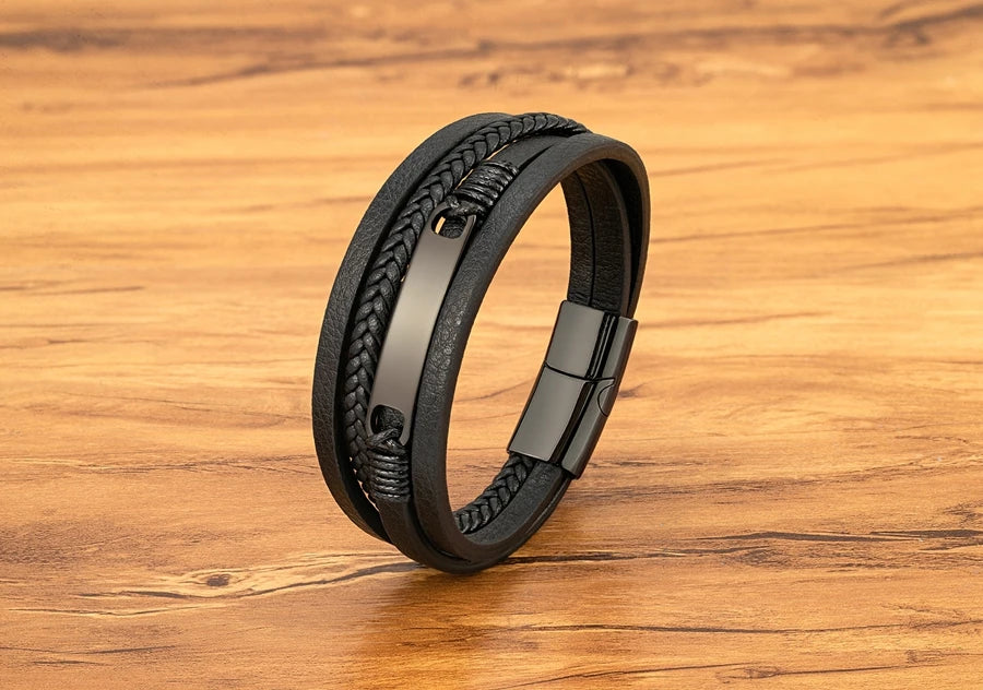 XQNI Multi-layer Braided Leather Wrap Bracelet Men Cool Trend Stainless Steel Casual Buckle Bracelet Jewelry Accessories Gift mon