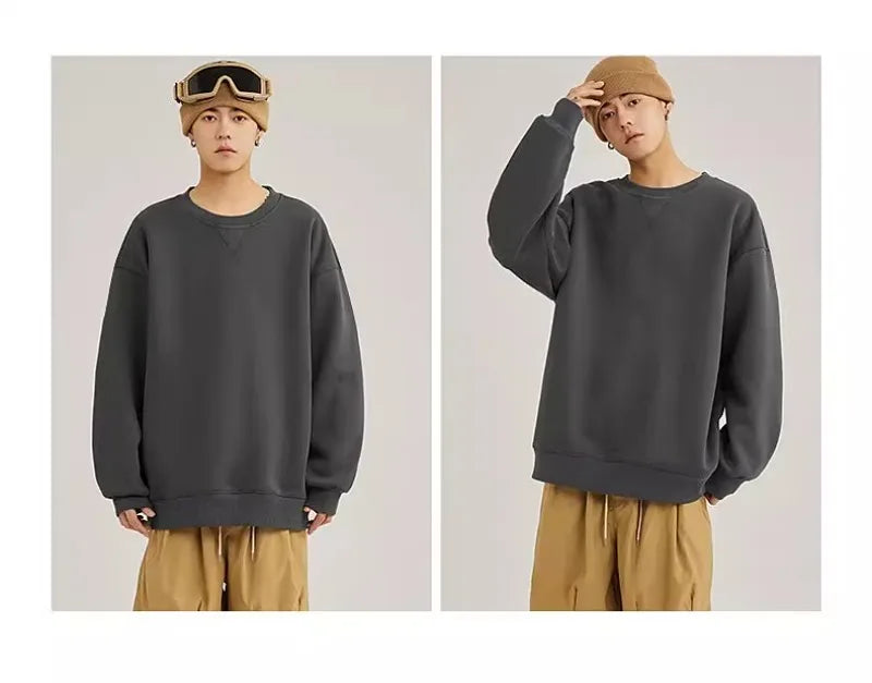 heavy cotton sweater men's autumn new loose and thick long-sleeved t-shirt solid color Japanese crew neck bottoming shirt mon