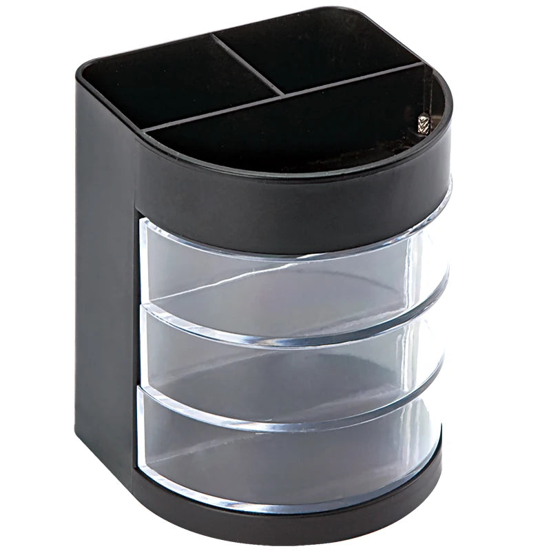 1pc Pen Holder with 3 Rotatable Arc Drawers 3 Compartments Pencil Holder Desktop Storage School Office Supplies