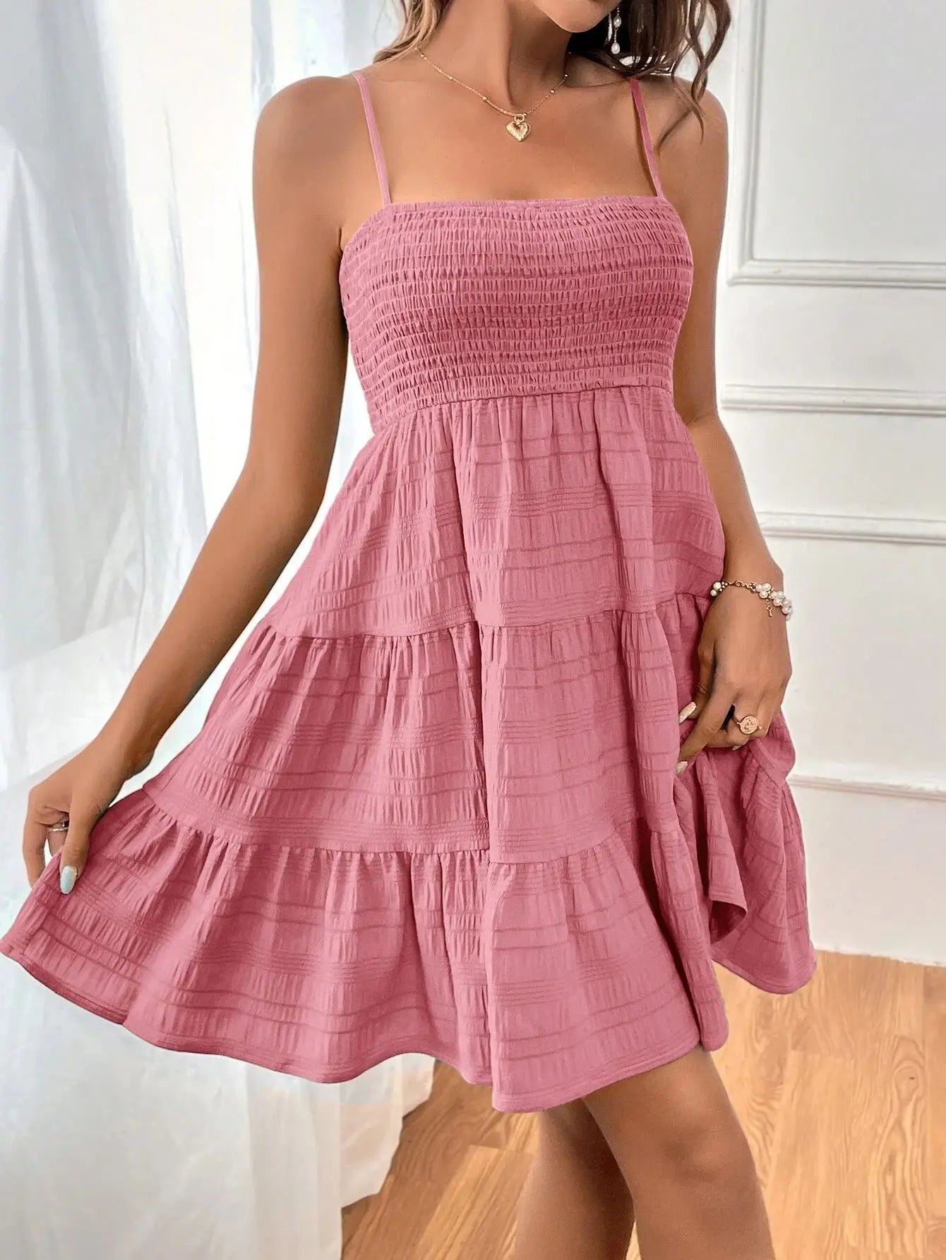 Bohemian Beach Sundress Women Sleeveless Backless Big Swing Mini Dress Solid Spaghetti Strap Ruffles Dresses