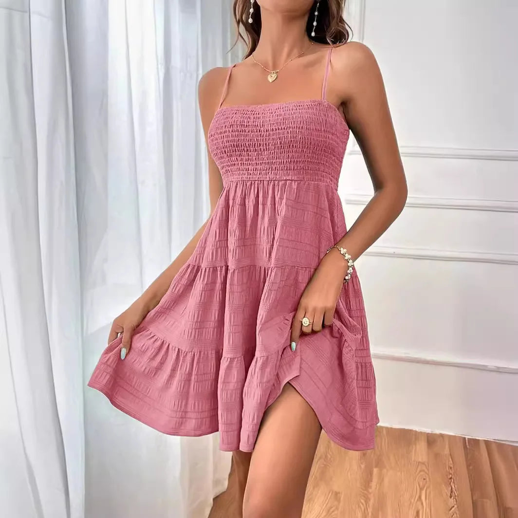 Bohemian Beach Sundress Women Sleeveless Backless Big Swing Mini Dress Solid Spaghetti Strap Ruffles Dresses
