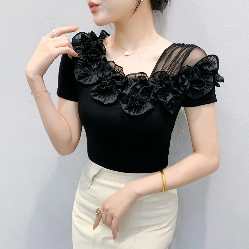 Summer Cotton T-shirts Chic Asymmetric Neckline Off-Shoulder Ruffle Trim Slim Fit Tee Exclusive Boutique Women's Casual Top