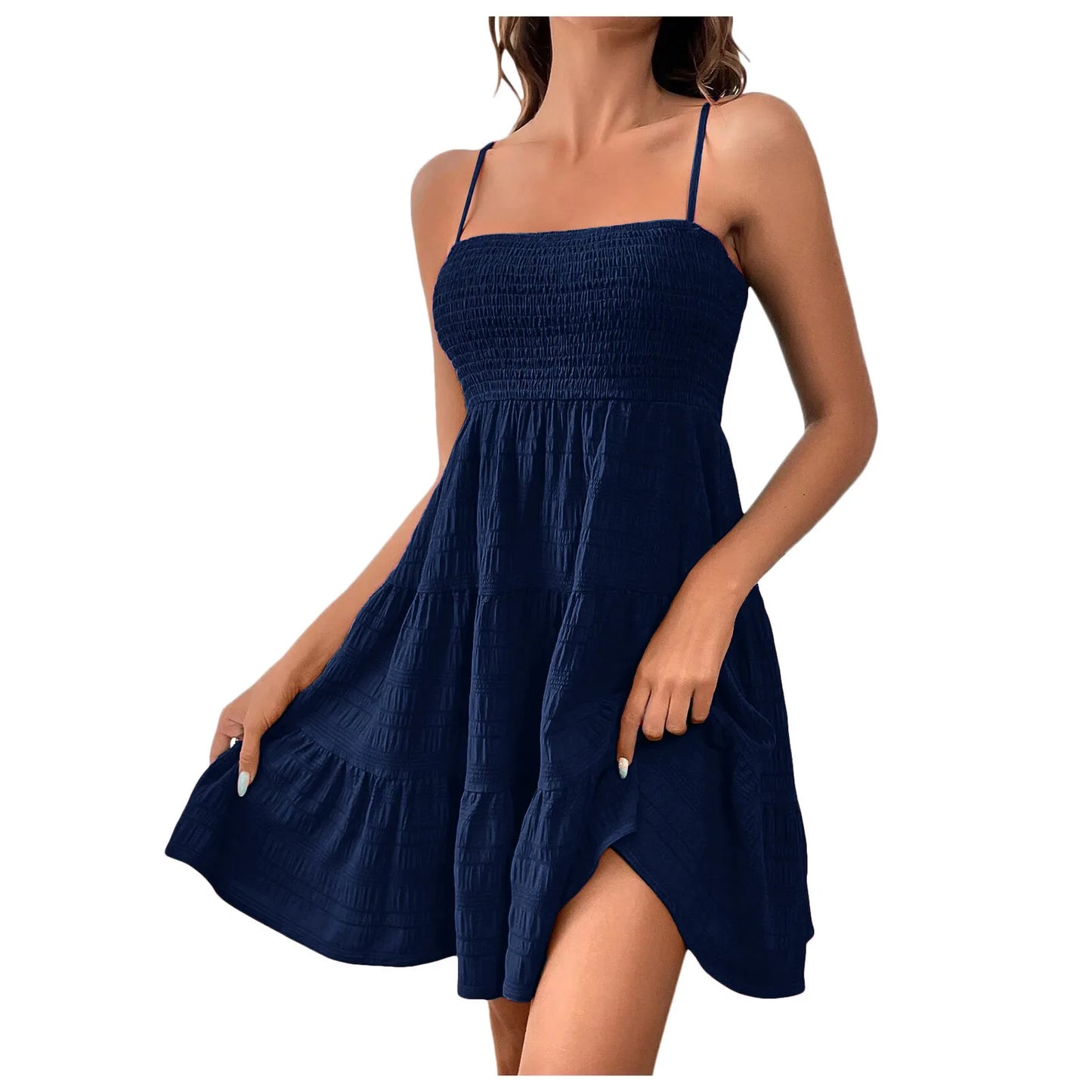 Bohemian Beach Sundress Women Sleeveless Backless Big Swing Mini Dress Solid Spaghetti Strap Ruffles Dresses