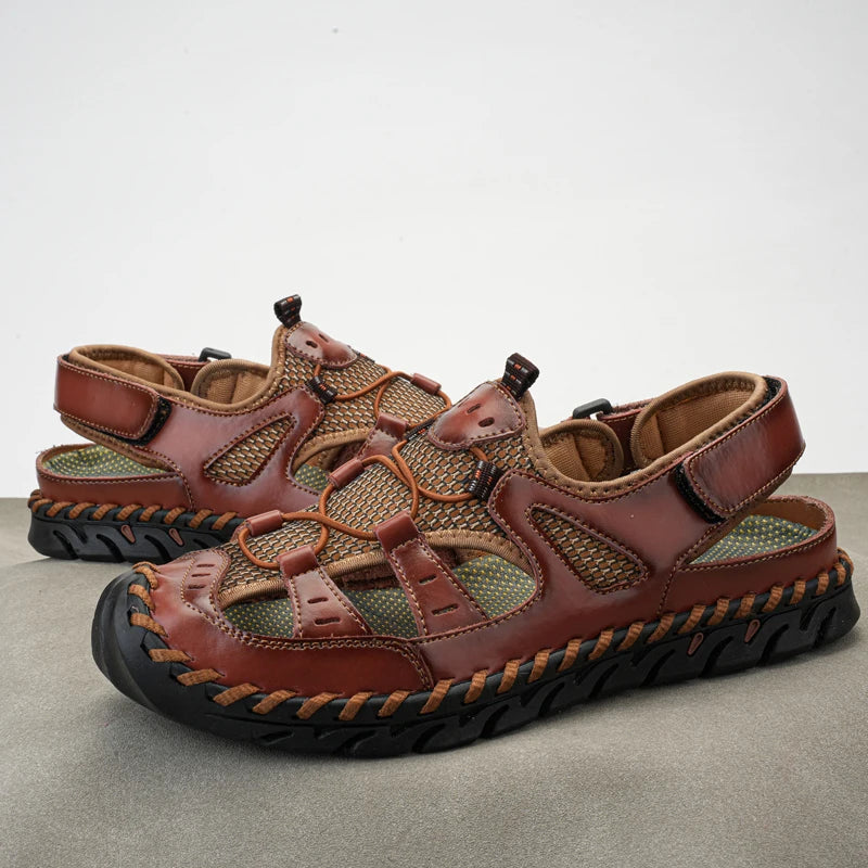 Handmade Summer Sandals Men Breathable Leather Shoes Man Retro Outdoor Men Sandals Antiskid Beach Sandals Hollow Shoes Footwear