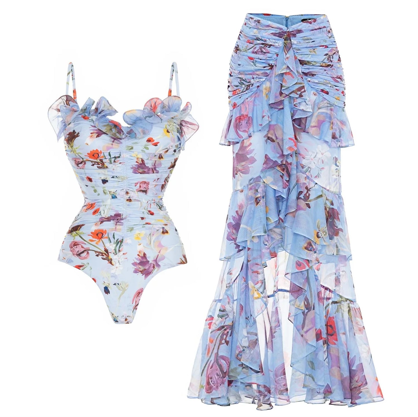 Red Flower Swimsuit With Cover Up Luxury Woman Swimwear Off Shoulder Swim Suits Female Sliming Bodysuit Chic Beachwear