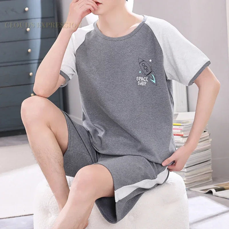 Summer 4XL Knitted Cotton Short Sleeved Men's Pajamas Sets Male Pajama Set Plaid Pajama For Men Sleepwear Suit Homewear mon