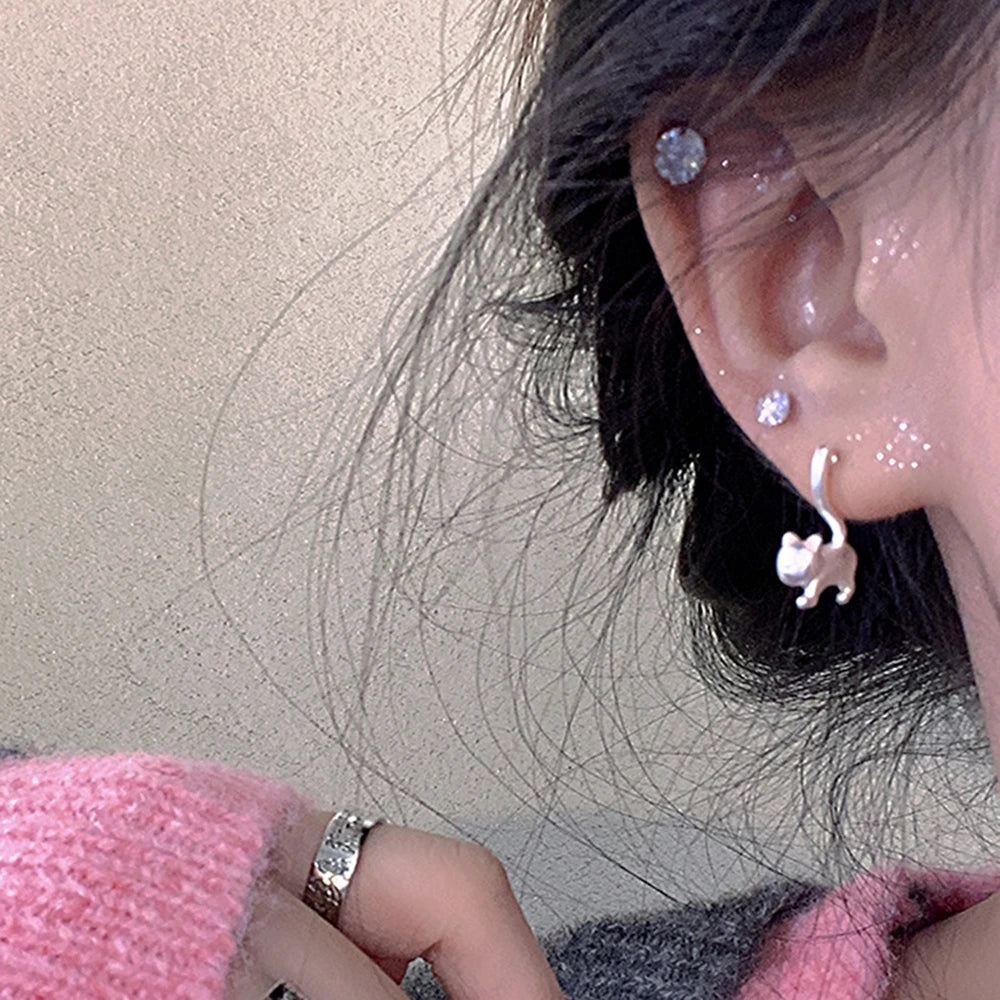 New Romantic Cute Cat For Women Fashionable Design Unique Funny Simple Silver Needle Earrings Jewelry Party Gift