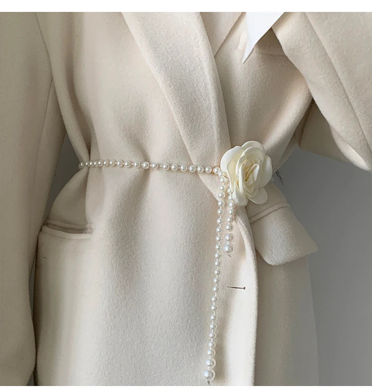 1pcs Pearl Waist Belt Women's New Style Camellia Decorative Versatile Waist Belt Matching Dress Coat Jacket Fashion Elegant Belt