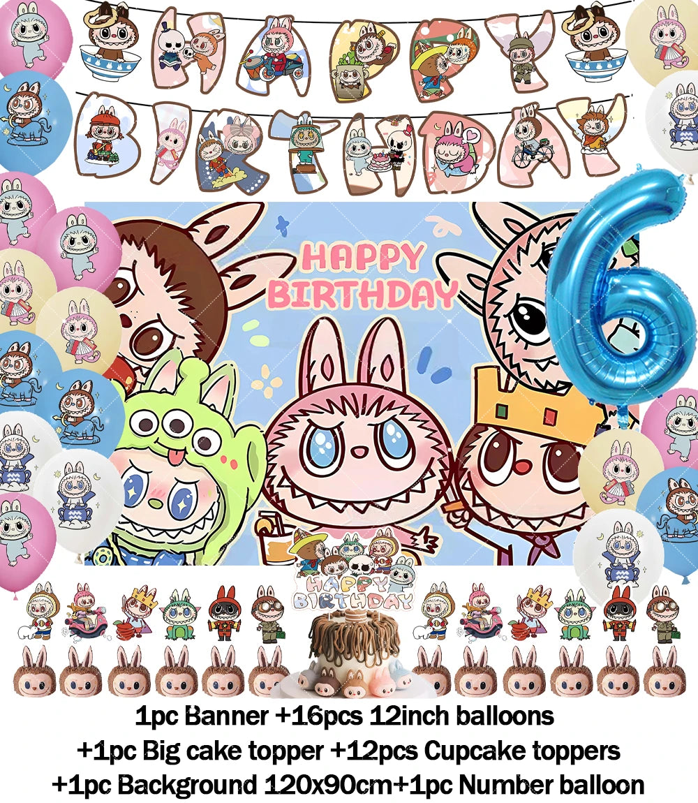 Cartoon LABUBU Theme Kids Birthday Party Banner Background Cake Topper Number Balloon Decoration Props Baby Party Supply Gifts