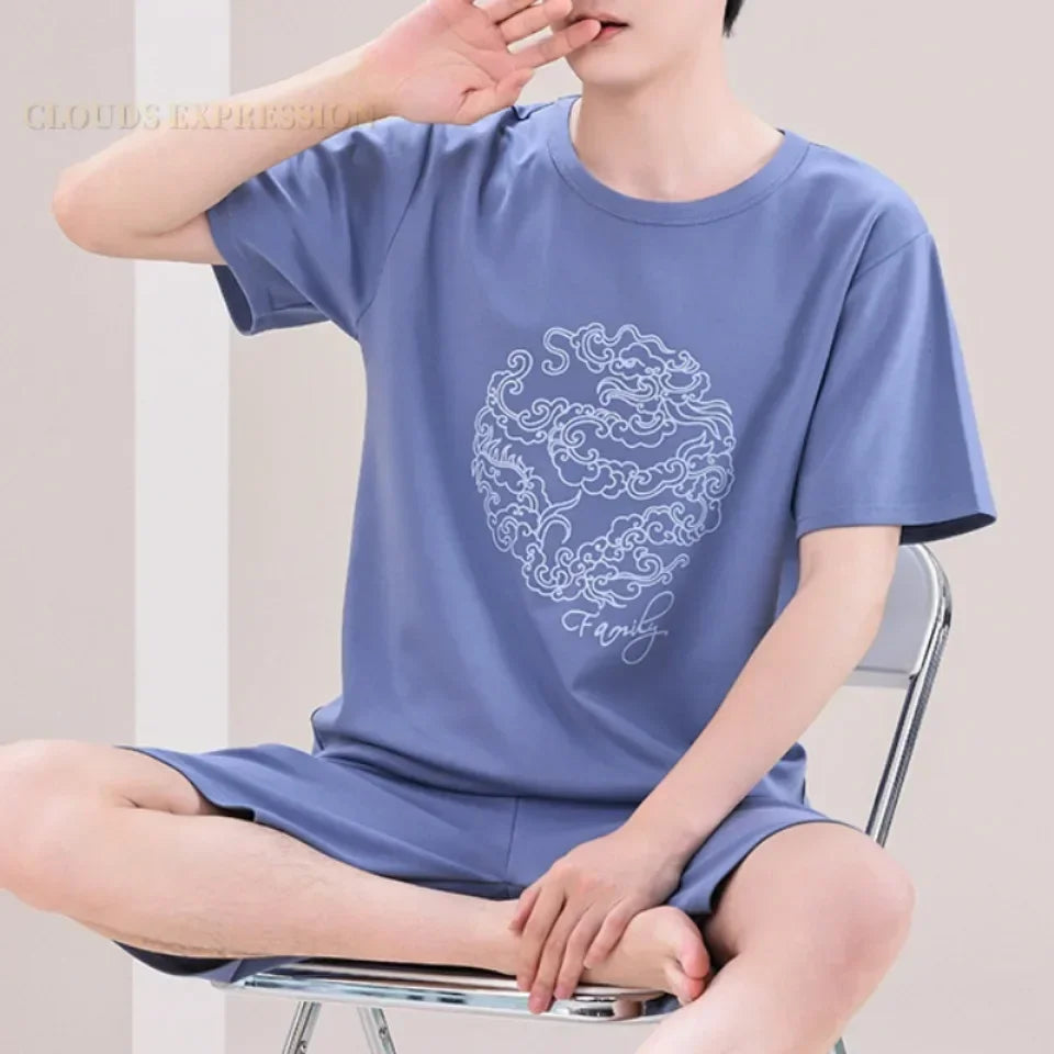 Summer 4XL Knitted Cotton Short Sleeved Men's Pajamas Sets Male Pajama Set Plaid Pajama For Men Sleepwear Suit Homewear mon