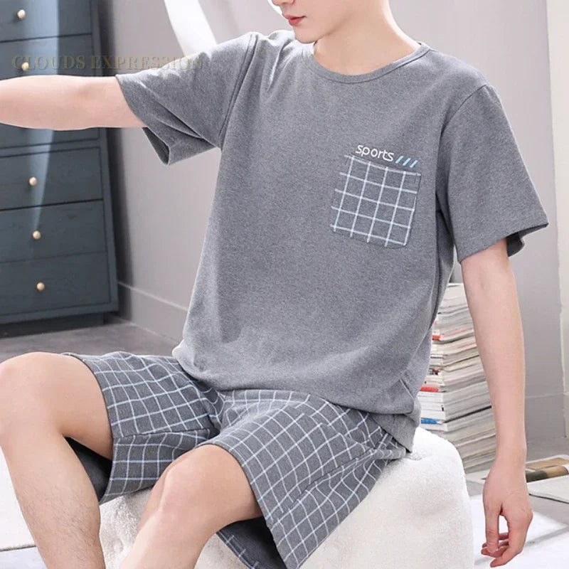 Summer 4XL Knitted Cotton Short Sleeved Men's Pajamas Sets Male Pajama Set Plaid Pajama For Men Sleepwear Suit Homewear mon