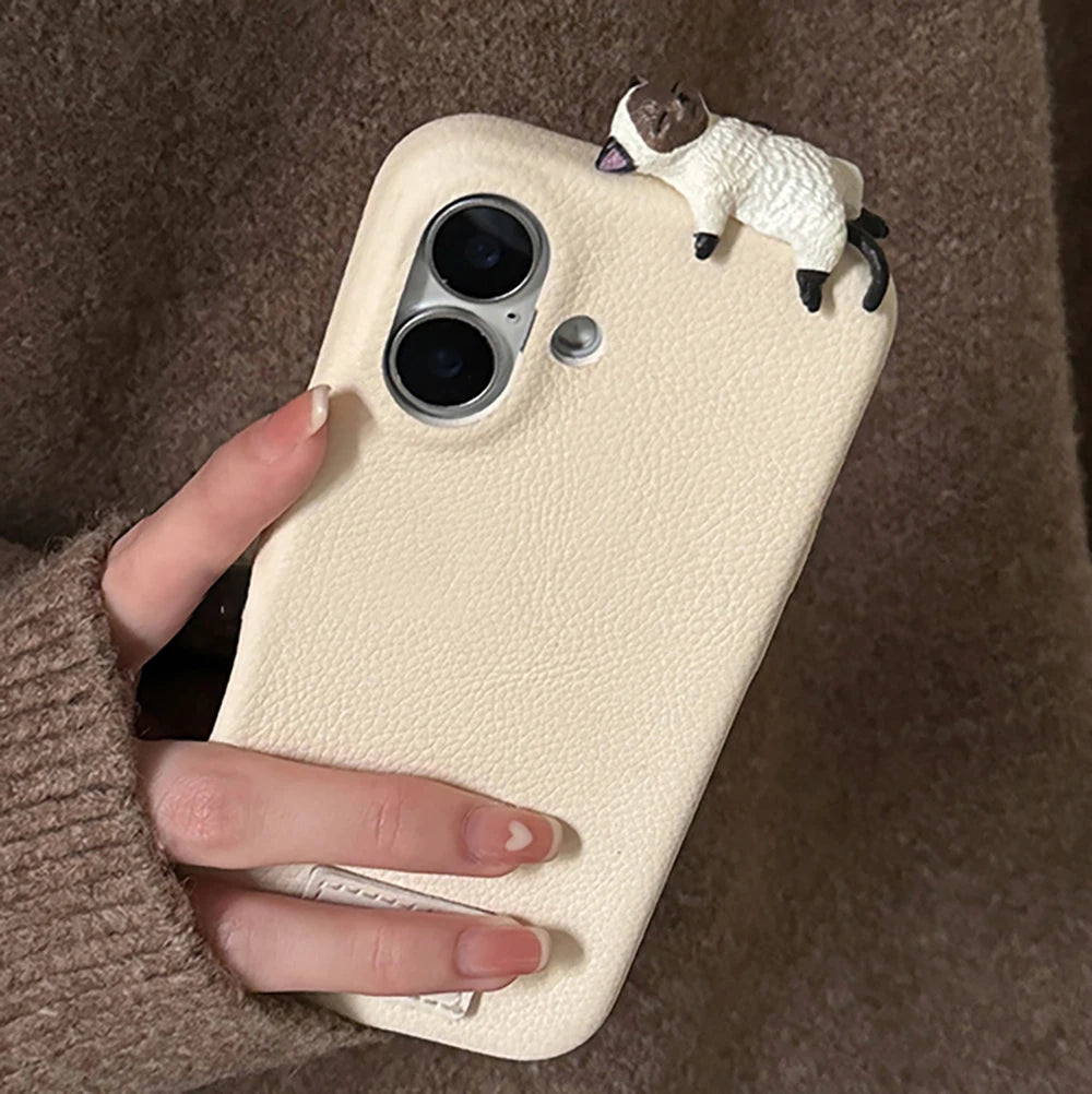 Korean Cute 3D Cat Phone Case For iPhone 16 15 14 13 11 12 Pro Max Plus X XR Lovely Kitten Soft Leather Silicone Cover Funda unique