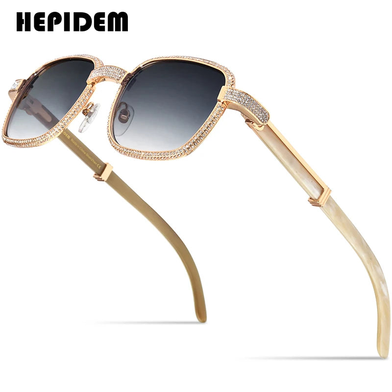 HEPIDEM High Quality Men Buffs Sunglasses Square Luxury Brand Design Diamond Sumptuous Sun Glasses Women Buffalo Horn Glasses