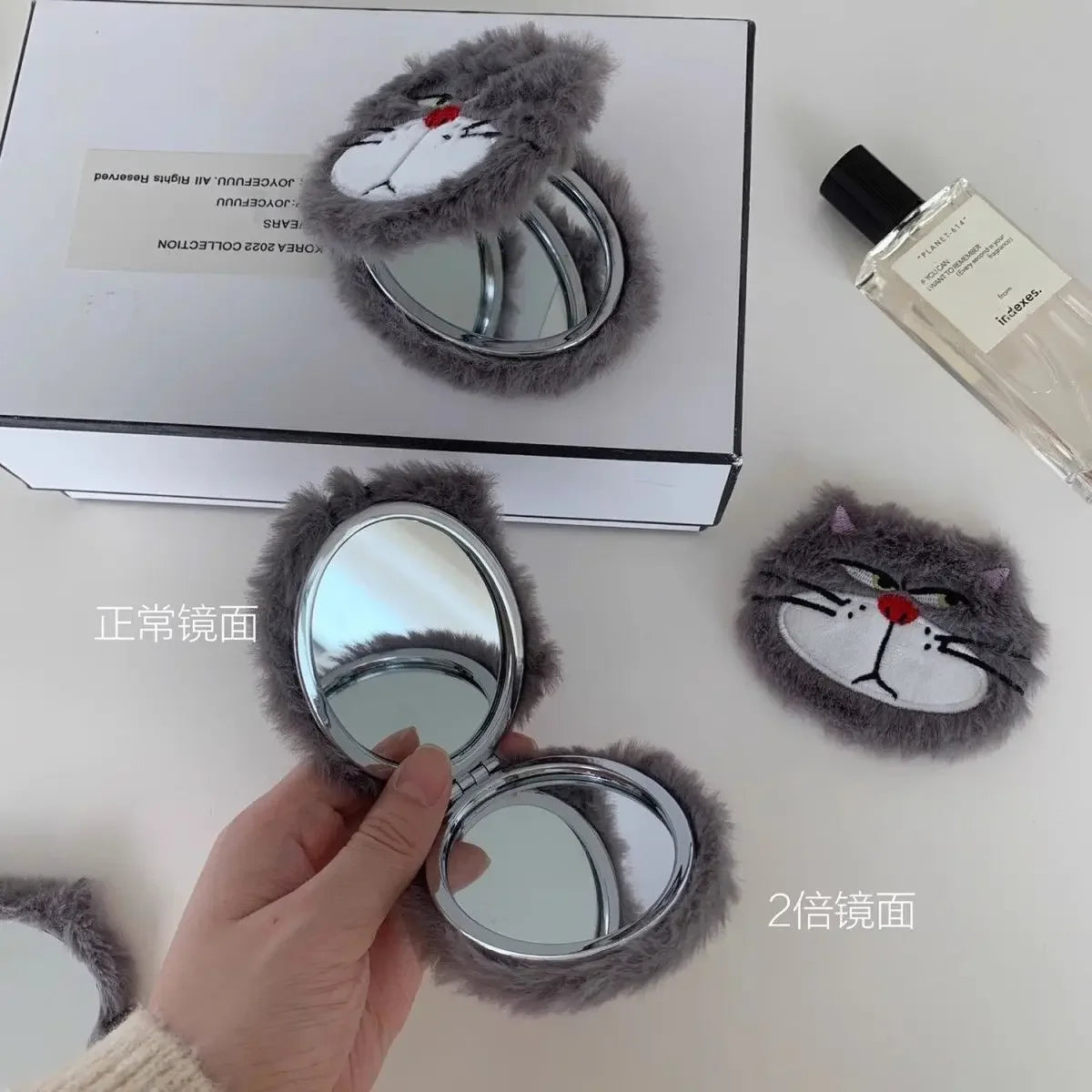 Lucifer Cat Boy and Girl Cartoon Cute Fun Creative Mini Portable Flip Double-Sided Foldable Plush Makeup Mirror for Students