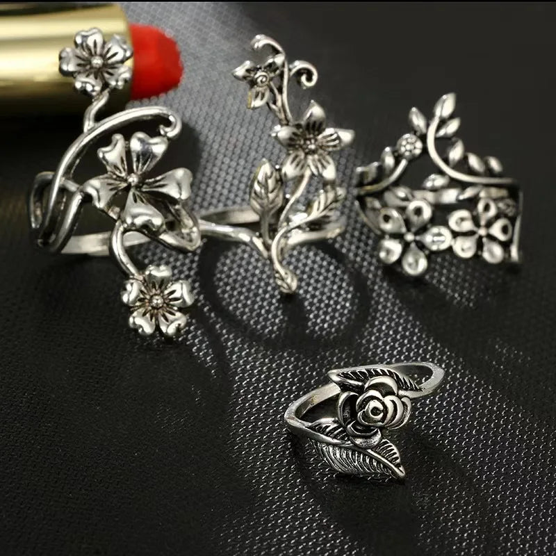 4PCS/Set Forest Vine Leaf Flower Ring Vintage Punk Antique Carved Midi Finger Ring Women Bohemian Rings