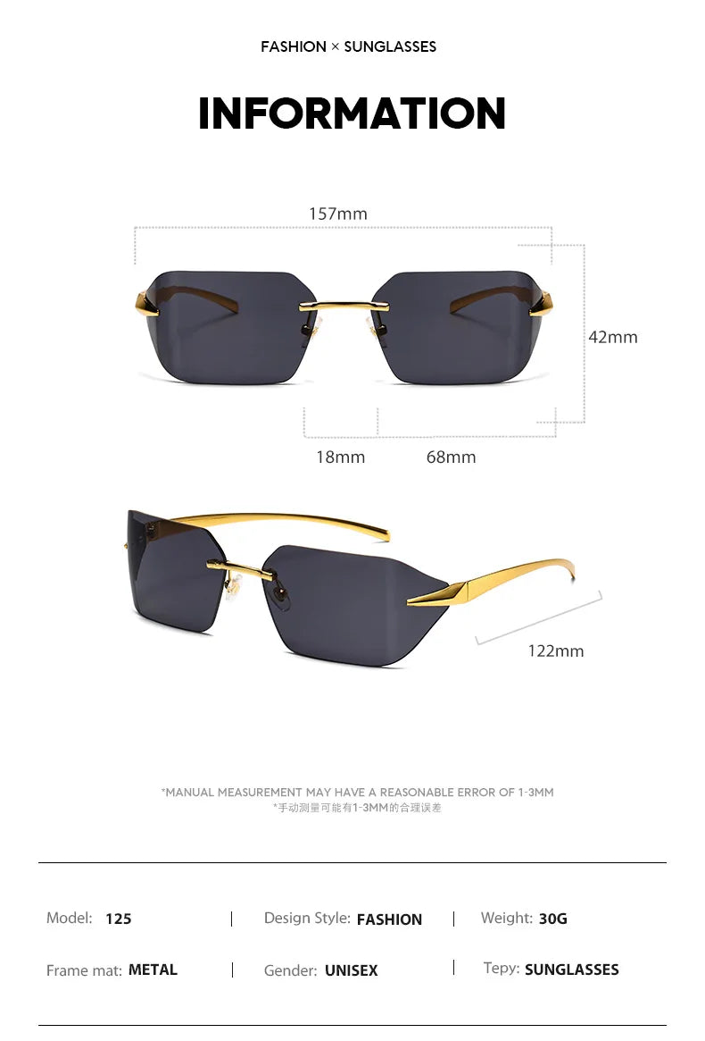 Rimless Men Sunglasses Luxury Brand Curved Lens Summer Traveling Sun Glasses for Women men Frameless Rectangle Shades mon