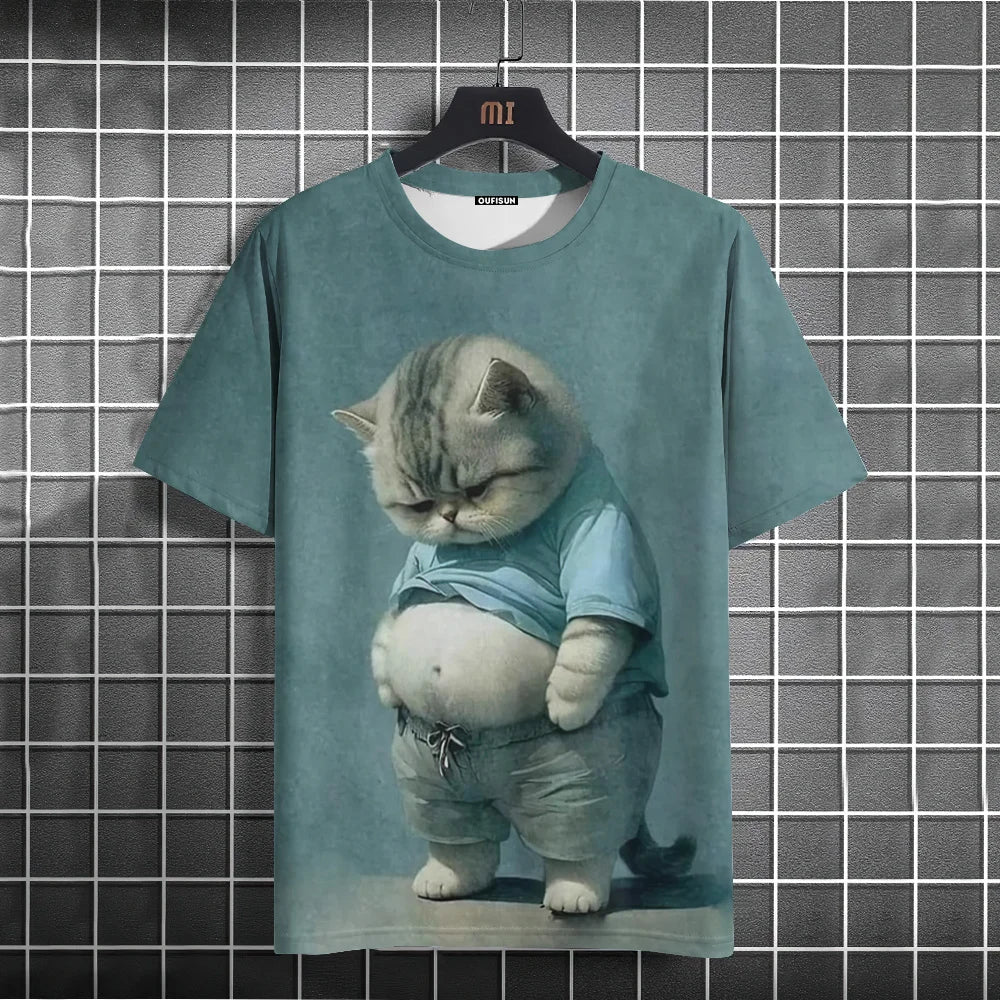Summer Men's T-Shirt Funny Cat Print Oversized Short Sleeve Man T-Shirt Round Neck Casual Men Women Tee Neutral Clothing