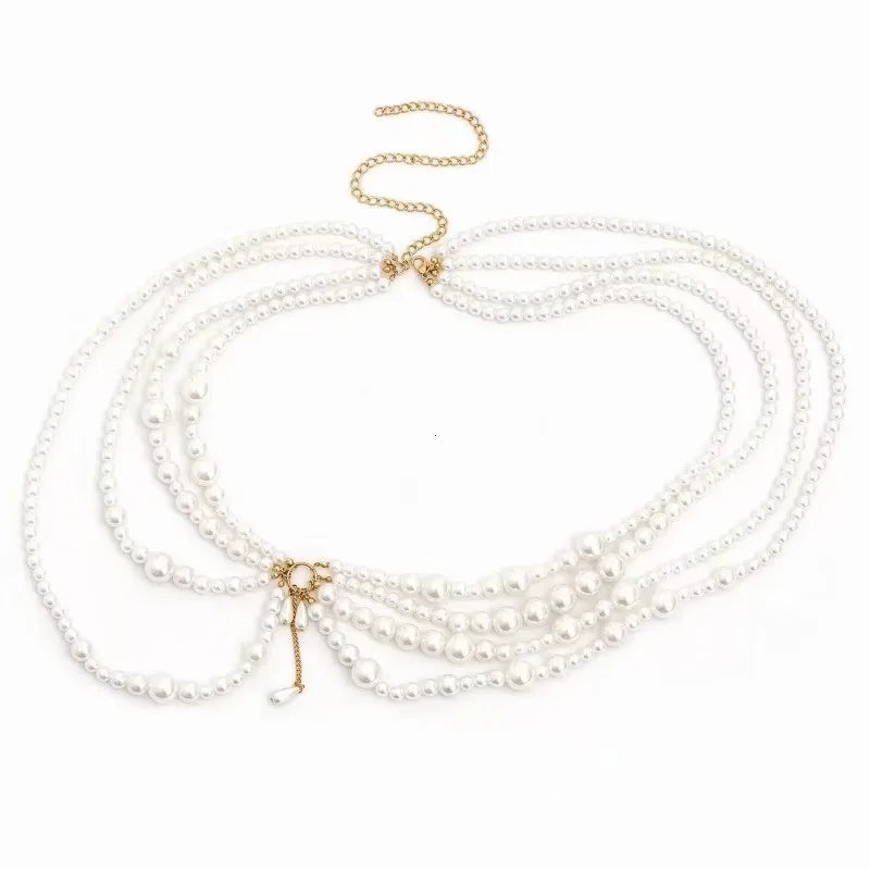 Multilayer Pearl Waist Chains for Women Imitation Pearl Metal Ring Tassel Belt Fashion Elegant Body Jewelry Clothing Accessories