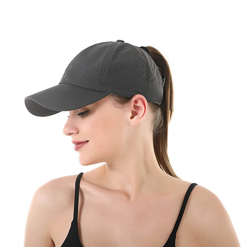 Summer Solid Color Baseball Caps Golf Wear Women Sport Leisure Cross Ponytail Hat Mesh Quick-Drying Half-Hollow