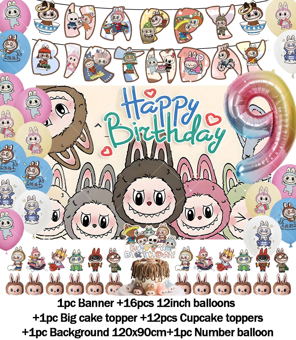 Cartoon LABUBU Theme Kids Birthday Party Banner Background Cake Topper Number Balloon Decoration Props Baby Party Supply Gifts