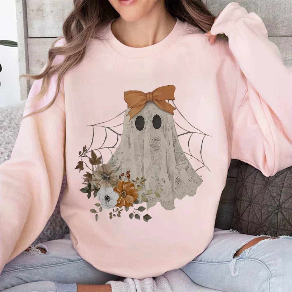 Loose Crew Neck Hoodie Cotton High Quality Soft Comfortable Halloween Cute Ghost Graphic Print Fashion Trend New Sweatshirt