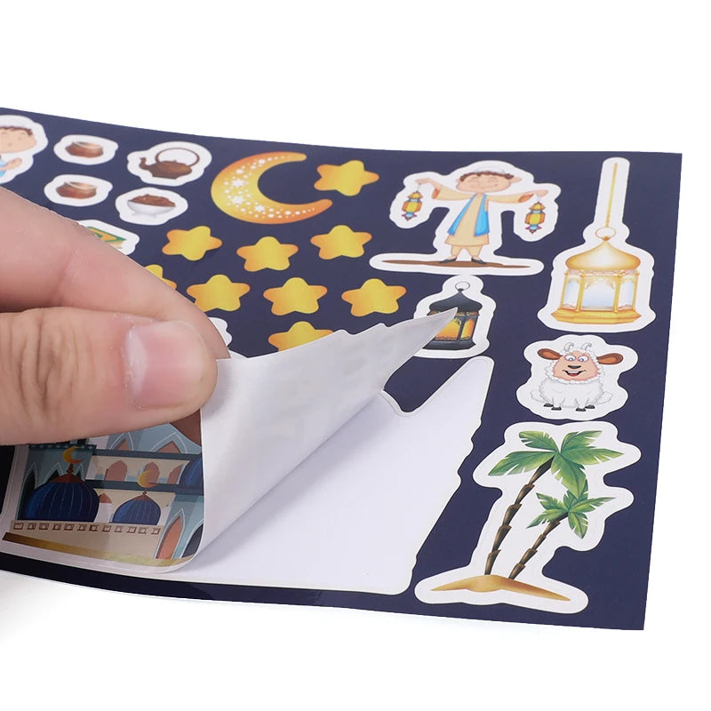 12pcs Eid Mubarak DIY Stickers Kids Gift Puzzle Game Toys Islam Muslim Party Supplies 2025 Ramadan Home Decoration Wall Sticker