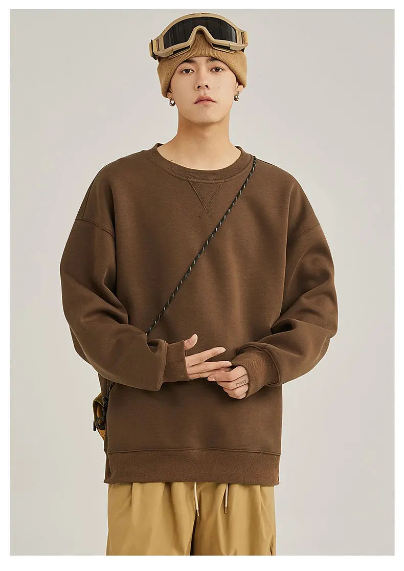 heavy cotton sweater men's autumn new loose and thick long-sleeved t-shirt solid color Japanese crew neck bottoming shirt mon