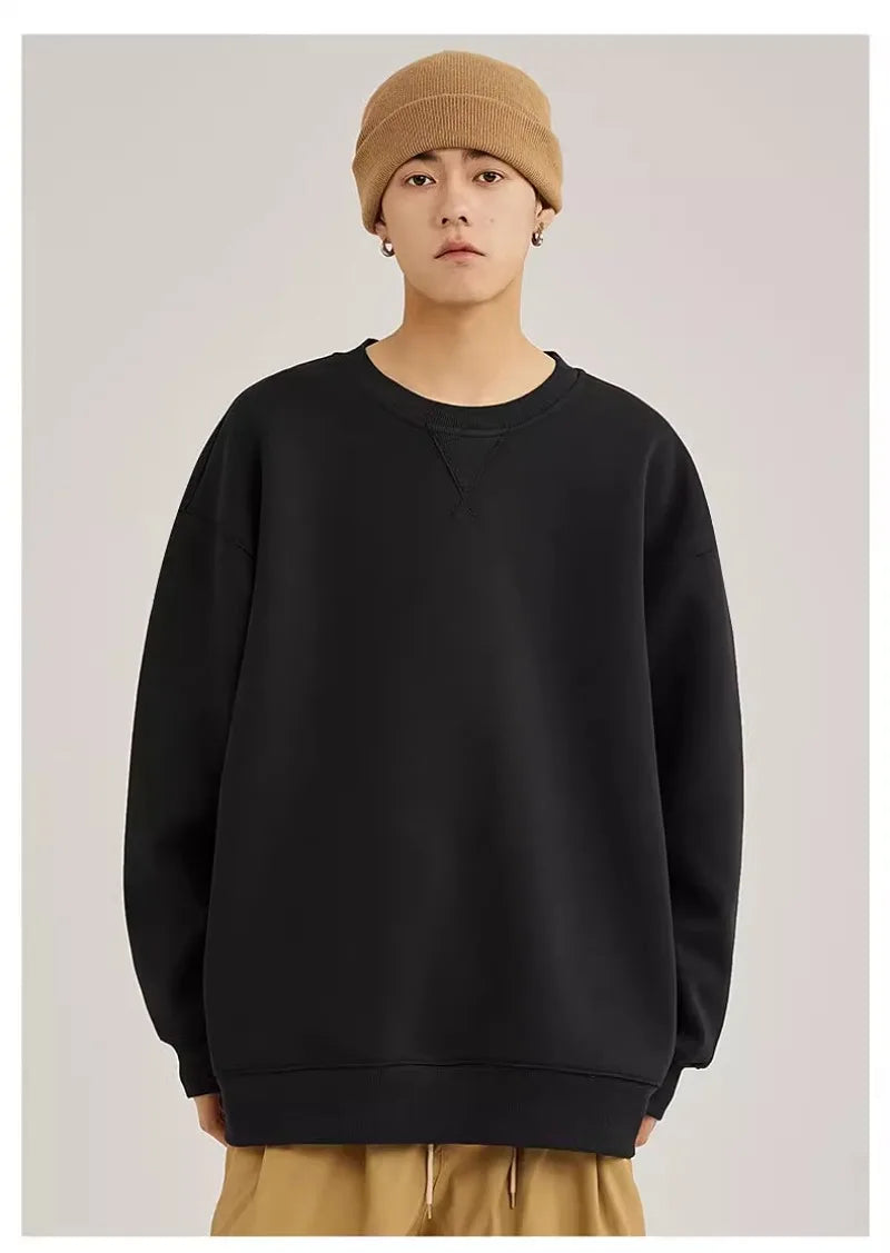 heavy cotton sweater men's autumn new loose and thick long-sleeved t-shirt solid color Japanese crew neck bottoming shirt mon