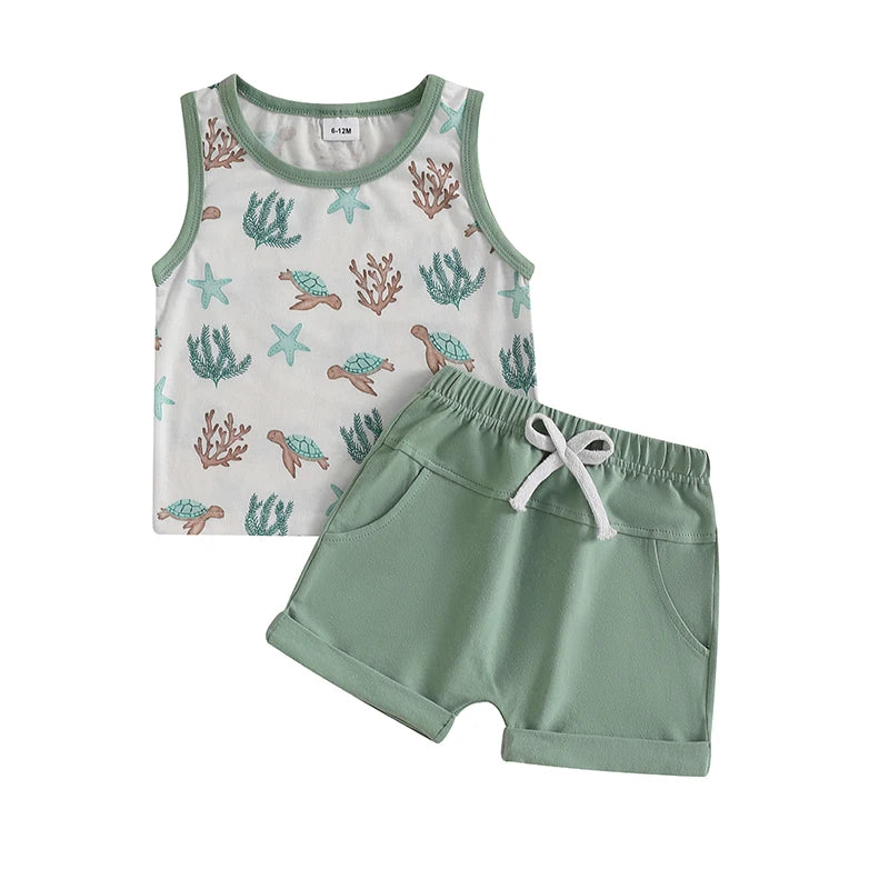 Infant Toddler Boy Summer Clothes Sleeveless Pattern Print Tank Vest Top Solid Jogger Shorts Set Beach Outfit