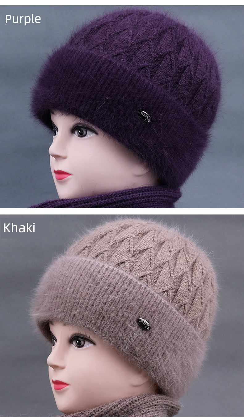 Winter Middle-Aged and Elderly People's Hats Female Ladieswear Rabbit Fur Knitted Warm Hat Women Woolen Cap Grandma Fleece-lined Cotton-Padded Cap