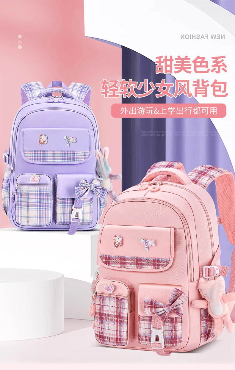 New Spine Protection Primary School Students Girls Checkered Backpack with Large Capacity Lightweight Waterproof Children's Bag