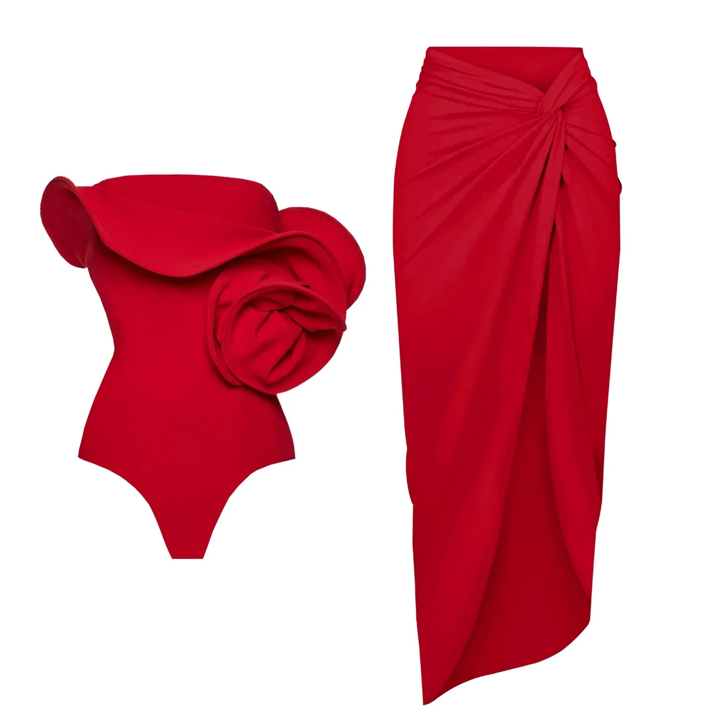 Red Flower Swimsuit With Cover Up Luxury Woman Swimwear Off Shoulder Swim Suits Female Sliming Bodysuit Chic Beachwear