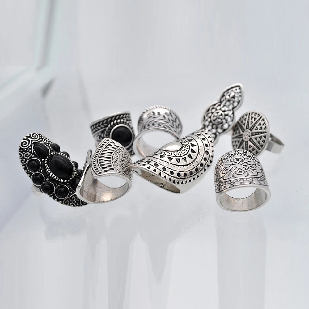 8 Pcs/Set Vintage Silvery Sun Geometric Pattern Engraved Ring for Women Men Boho Gypsy Afghan Ethnic Bride Wedding Rings Jewelry