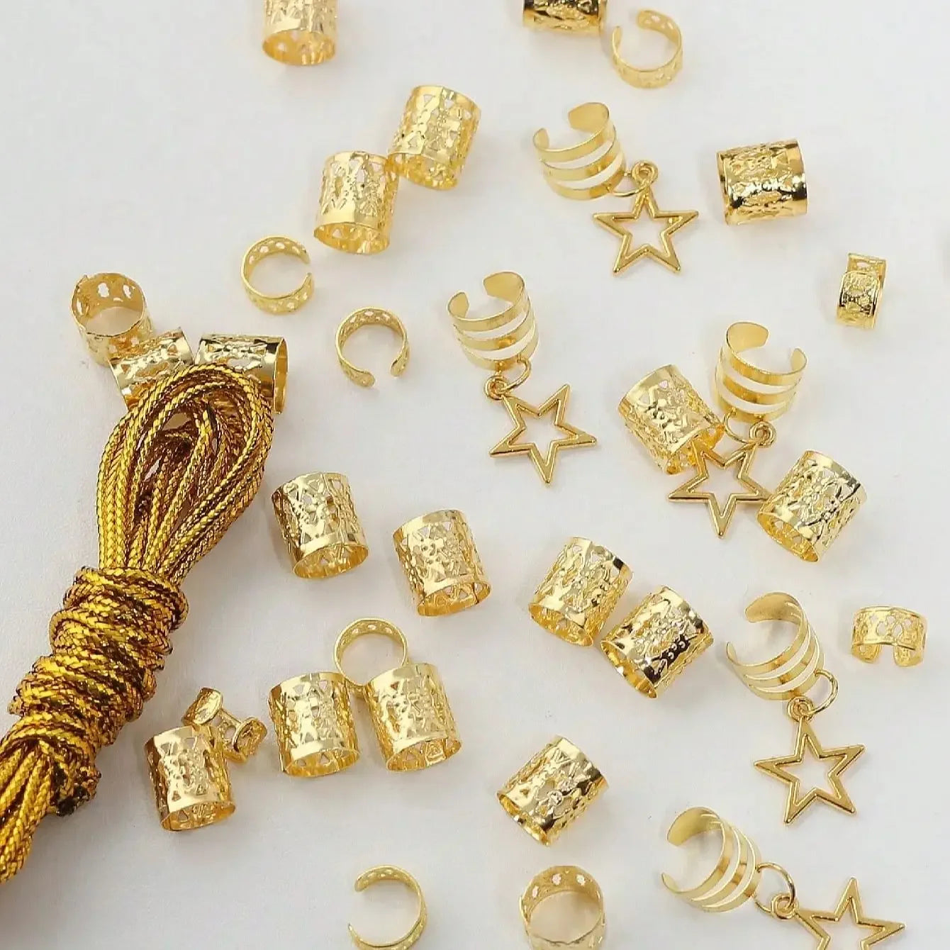 36pcs Star Decor Hair Ring Accessories ,Beads Hair Braid Rings Clips Dread Locks Hair Braiding Metal Cuffs Decoration