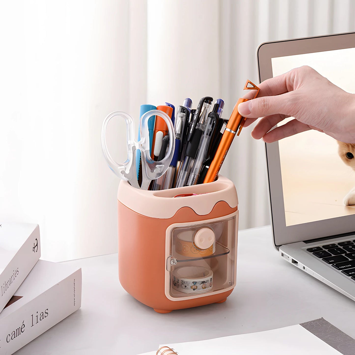 Pen Holder Pencil Organizer with Drawer, Cosmetic Makeup Brushes Holder for Dressing Table, Pig Nose Cute Pen Holder Office
